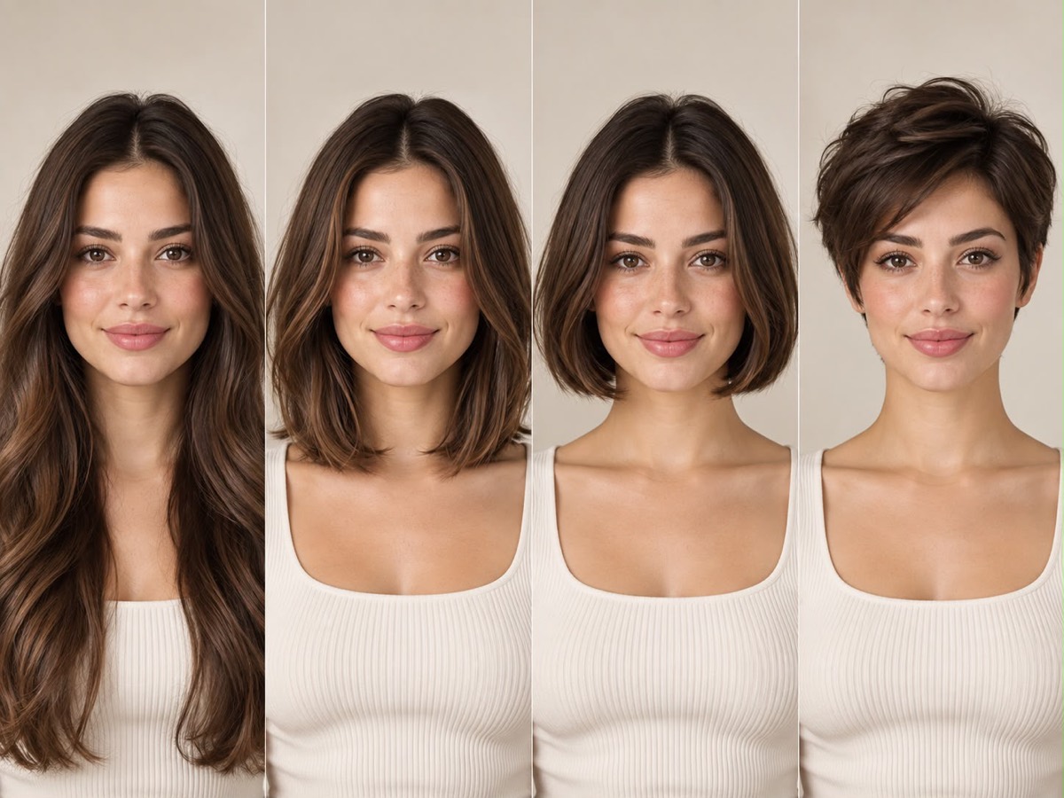 The same face shown with long hair, a lob, a bob, and a pixie cut